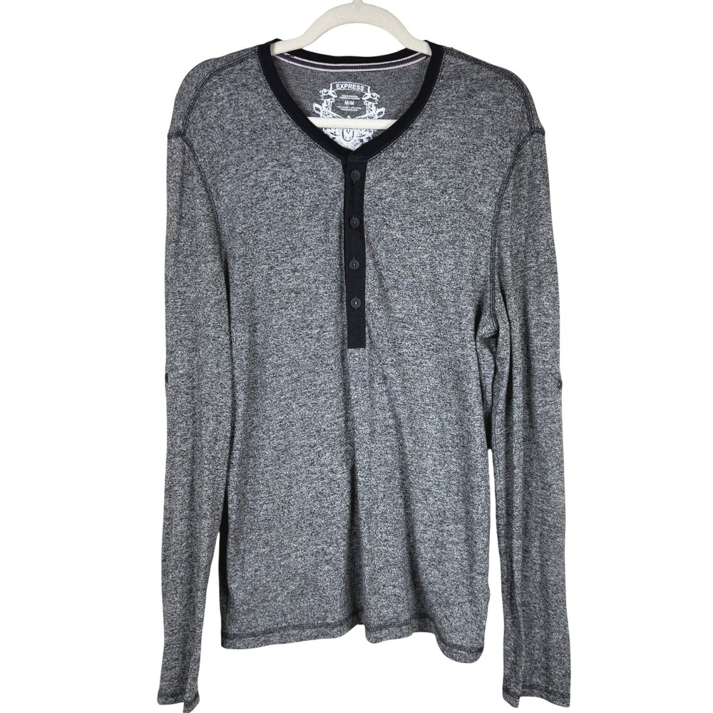 Mens Henley Shirt M Charcoal Gray Heather Long Sleeve Button Front Express NWT